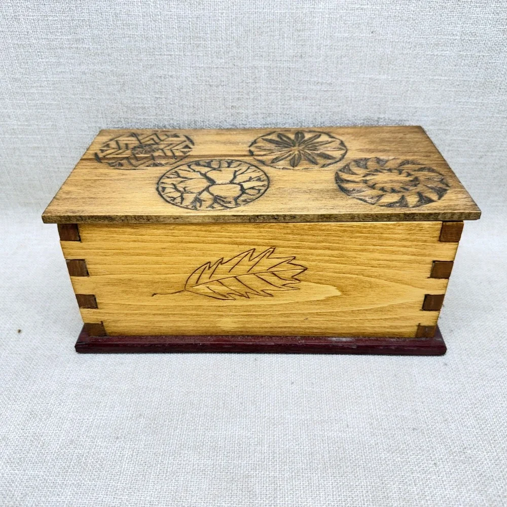 Handmade Wood Burned Floral Keepsake Box Botanical Pyrography Decorative Chest